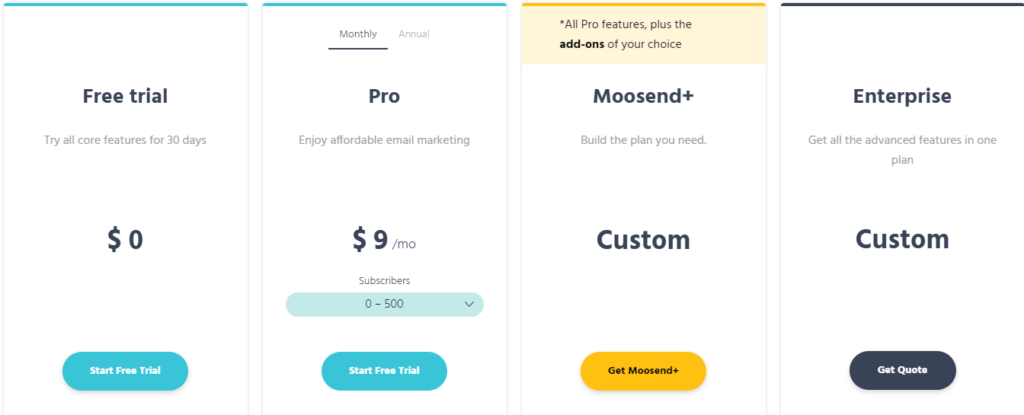 mailerlite alternatives: Moosend pricing
